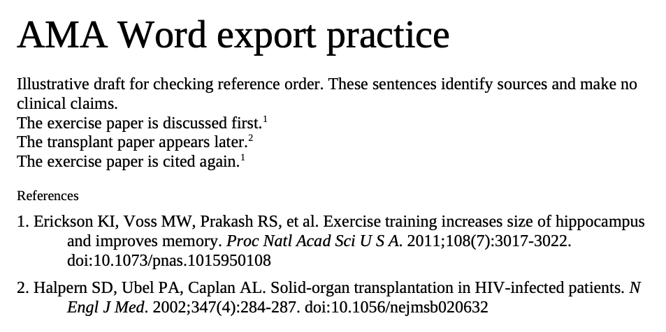 Rendered corrected practice document with body superscripts 1, 2, 1, reordered references, italic journals, and hanging indents