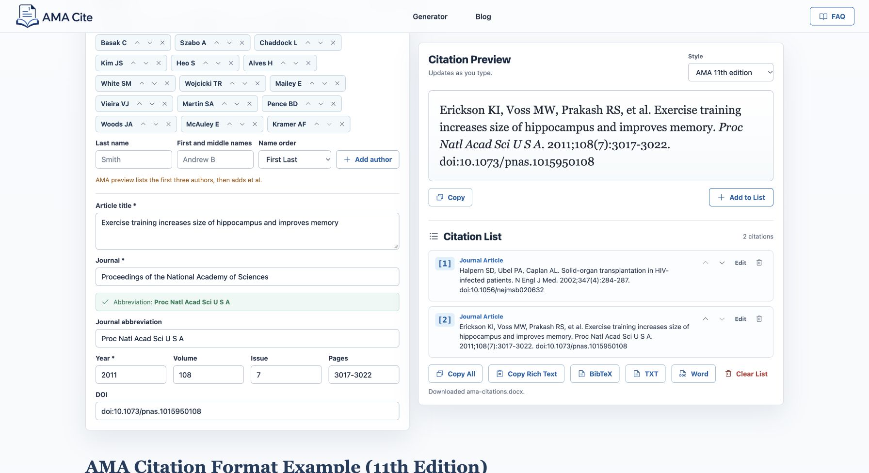 Actual AMA Cite test session showing two checked references, the Word export button, and the download confirmation