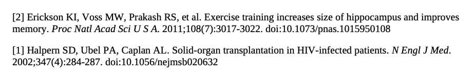 Rendered unrepaired DOCX showing the exercise reference still labelled 2 above the transplant reference labelled 1
